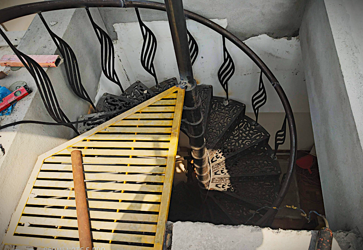 Structural steel staircase framework under fabrication